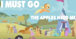 Size: 500x260 | Tagged: amethyst star, apple, applejack, berry punch, berryshine, bon bon, caramel, carrot top, cloud kicker, daisy, derpibooru import, edit, edited screencap, fall weather friends, flying, golden harvest, image macro, i must go, lemon hearts, lyra heartstrings, meadow song, meme, safe, screencap, sweetie drops