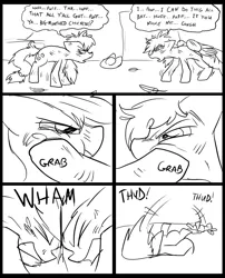 Size: 827x1025 | Tagged: applejack, artist:metal-kitty, comic, comic:mlp project, derpibooru import, fight, headbutt, rainbow dash, safe