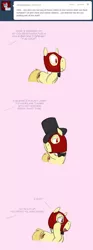 Size: 642x1725 | Tagged: artist:carnifex, ask velvet, bowtie, derpibooru import, hat, monocle, oc, oc:strap, safe, top hat, unofficial characters only