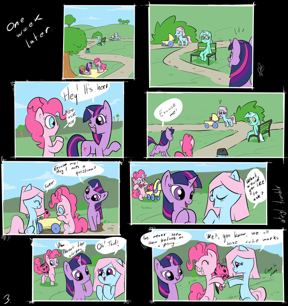 Size: 1414x1500 | Tagged: safe, artist:atryl, derpibooru import, lyra heartstrings, pinkie pie, twilight sparkle, baby, comic, lies and slander!, sitting lyra