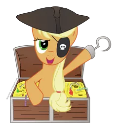 Size: 1355x1455 | Tagged: applejack, artist:diegotan, chest, derpibooru import, eyepatch, hat, hook, pirate, safe, simple background, transparent background, treasure, vector