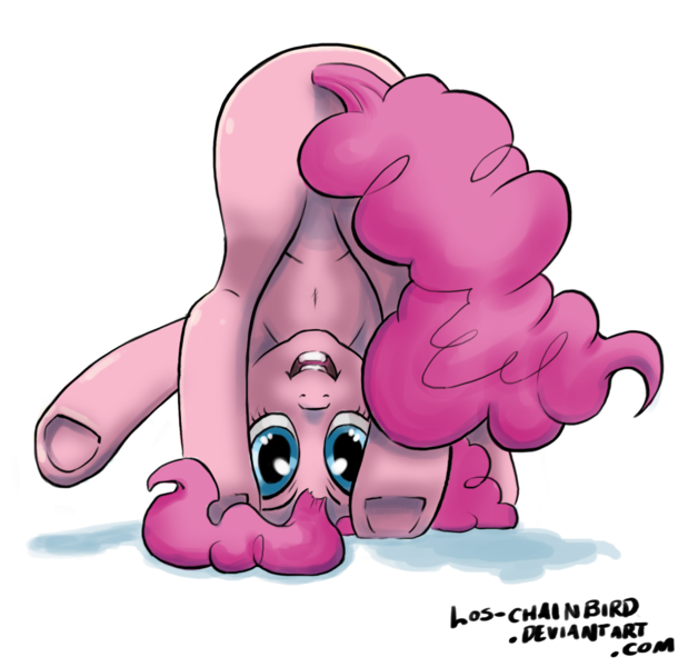 Size: 1118x1068 | Tagged: artist:los-chainbird, derpibooru import, happy, headstand, looking between legs, pinkie pie, plot, safe, upside down, waving