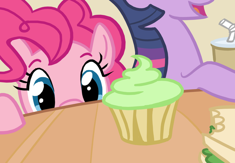 Size: 1079x750 | Tagged: artist:gingermint, artist:icekatze, cupcake, derpibooru import, eyes on the prize, food, pinkie pie, safe, twilight sparkle