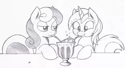 Size: 1264x690 | Tagged: safe, artist:joey darkmeat, derpibooru import, bon bon, lyra heartstrings, sweetie drops, earth pony, pony, unicorn, :t, blowing bubbles, bon bon is not amused, bubble, drink, drinking, duo, frothing, frown, grayscale, milkshake, monochrome, sharing a drink, silly, silly pony, simple background, smiling, straw, traditional art, unamused, white background