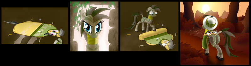 Size: 3315x883 | Tagged: safe, artist:noctulov, derpibooru import, daring do, oc, pony, zebra, comic:daring pancake, angry, butt, cartoon physics, clothes, comic, duo, female, flat, flattened, mare, plot, rear view, rolling up, zebra oc