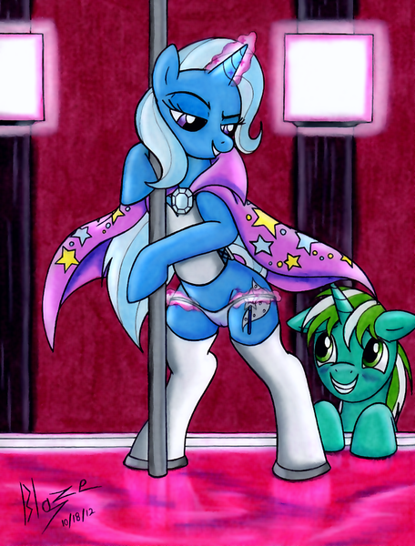 Size: 912x1200 | Tagged: questionable, artist:blazelupine, derpibooru import, trixie, oc, oc:pickles, cameltoe, canon x oc, clothes, colored, magic, panties, pole dancing, stripper, stripper pole, stripsie, trikles, underwear, undressing