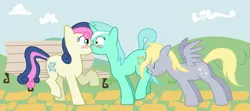 Size: 1125x500 | Tagged: safe, artist:equinox23, derpibooru import, bon bon, derpy hooves, lyra heartstrings, sweetie drops, pegasus, pony, bench, blushing, derpy the shipper, eyes closed, female, forced kiss, forced lesbian, kissing, lesbian, lyrabon, mare, now kiss, outdoors, push, shipper on deck, shipping, surprise kiss, surprised, trio