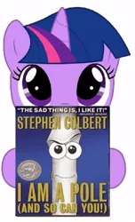 Size: 250x411 | Tagged: book, derpibooru import, filly, filly twilight sparkle, hoof hold, looking at you, looking up, pole, read, safe, solo, stephen colbert, twilight sparkle