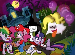 Size: 1000x729 | Tagged: artist:willdrawforfood1, ask surprise, balloon, booified, boo (super mario), bow, candy, clown, dead tree, derpibooru import, dracula, filly, filly twilight sparkle, floppy ears, full moon, g1, g1 to g4, g4, generation leap, ghost, gritted teeth, hair bow, halloween, hotblooded pinkie pie, looking back, mario, moon, nightmare night, oc, oc:raipony, oc:stripey butts, open mouth, palette swap, pinkie pie, prone, raised hoof, safe, scared, super mario bros., surprise, :t, tree, twilight sparkle, vampire, wide eyes, witch