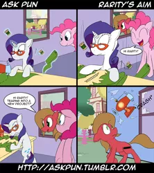 Size: 1000x1127 | Tagged: ask pun, comic, defenestration, derpibooru import, glasses, oc, oc:pun, pinkie pie, rarity, safe, sewing machine, this will end in pain, tumblr, window