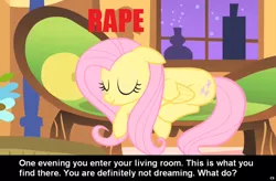 Size: 914x600 | Tagged: semi-grimdark, suggestive, derpibooru import, edit, edited screencap, screencap, fluttershy, pegasus, pony, caption, female, implied rape, mare, sleeping, solo