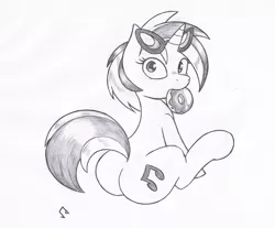 Size: 980x811 | Tagged: safe, artist:joey darkmeat, derpibooru import, vinyl scratch, donut, monochrome, plot