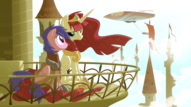 Size: 2880x1620 | Tagged: safe, artist:equestria-prevails, derpibooru import, firefly, oc, oc:fausticorn, ponified, alicorn, pony, airship, balcony, g1, g1 to g4, g4, generation leap, lauren faust, tower