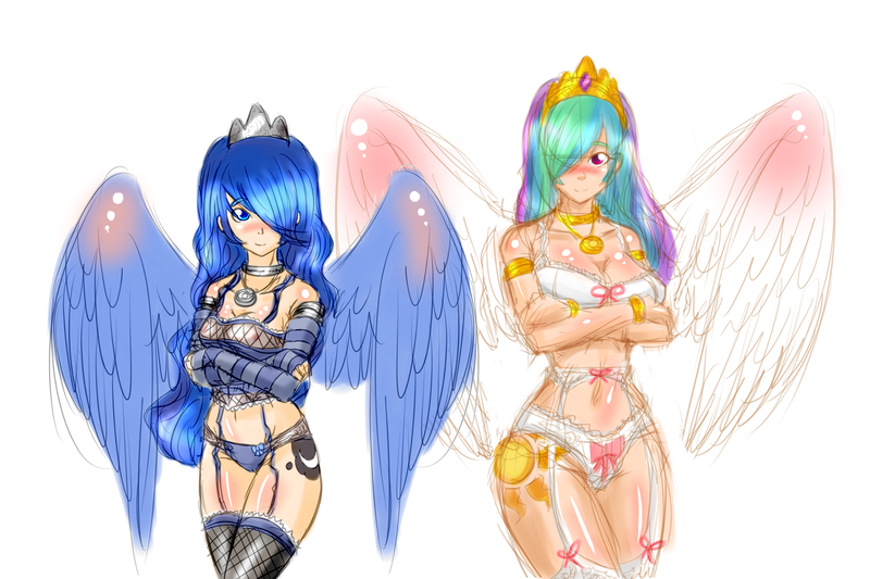 Size: 1280x853 | Tagged: artist:justcallmeanerd, belly button, blushing, bra, breasts, breast squeeze, busty princess celestia, cameltoe, cleavage, clothes, covering, curvy, dead source, derpibooru import, evening gloves, female, fingerless gloves, frilly underwear, garter belt, gloves, humanized, lingerie, looking at you, necklace, nipples, panties, princess celestia, princess luna, purple underwear, questionable, ribbon, see-through, shy, smiling, spread wings, stockings, underwear, white underwear, wide hips, winged humanization