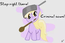 Size: 770x513 | Tagged: safe, artist:audax, derpibooru import, dinky hooves, pony, unicorn, cute, dialogue, filly, meme, mouth hold, oblivion, pan, solo, stop right there criminal scum, wooden spoon