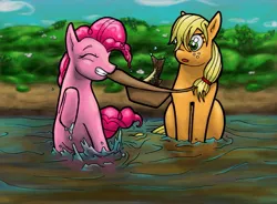 Size: 1329x980 | Tagged: applejack, artist:man-eating-llama, derpibooru import, fishing, pinkie pie, safe, wet mane