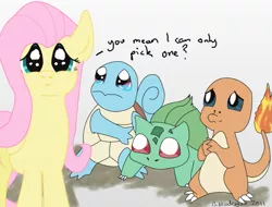 Size: 733x558 | Tagged: artist:bibliodragon, bulbasaur, charmander, crying, derpibooru import, fluttershy, pokémon, sad, safe, squirtle