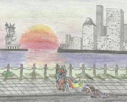 Size: 2364x1896 | Tagged: artist:sakaerion, derpibooru import, nintendo, pink jumpsuit, punch out, rainbow dash, safe, scootaloo, skyscraper, statue of liberty, traditional art, training