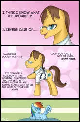 Size: 726x1098 | Tagged: safe, artist:musapan, derpibooru import, doctor horse, doctor stable, rainbow dash, comic, dialogue, female, male, narcissism, straight, wingboner