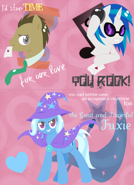 Size: 745x1024 | Tagged: artist:musapan, derpibooru import, doctor whooves, safe, text, time turner, trixie, valentine, valentine's day, vinyl scratch