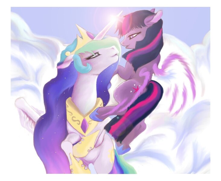 Size: 1321x1083 | Tagged: artificial wings, artist:bri-sta, augmented, derpibooru import, female, horns are touching, lesbian, magic, magic wings, princess celestia, safe, shipping, twilestia, twilight sparkle, wings