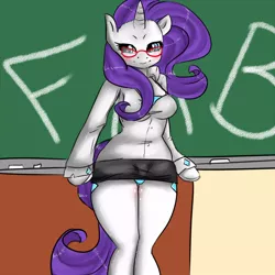 Size: 800x800 | Tagged: anthro, artist:nickii, blushing, breasts, chalkboard, cleavage, clothes, derpibooru import, fabulous, female, glasses, impossibly wide hips, miniskirt, panties, rarity, skirt, solo, solo female, suggestive, teacher, underwear, upskirt, wide hips