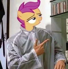 Size: 248x249 | Tagged: american psycho, check em, chickun, derpibooru import, dubs, exploitable meme, forced meme, meme, safe, scootaloo