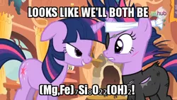 Size: 640x360 | Tagged: safe, derpibooru import, edit, edited screencap, screencap, twilight sparkle, pony, unicorn, it's about time, bandage, bedroom eyes, caption, catsuit, chemistry, chemistry joke, cummingtonite, female, future twilight, hub logo, image macro, mare, pun, rock pun, scar, science, self ponidox, time travel, unicorn twilight