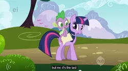 Size: 636x354 | Tagged: safe, derpibooru import, screencap, spike, twilight sparkle, dragon, pony, dragons riding ponies, riding, youtube caption