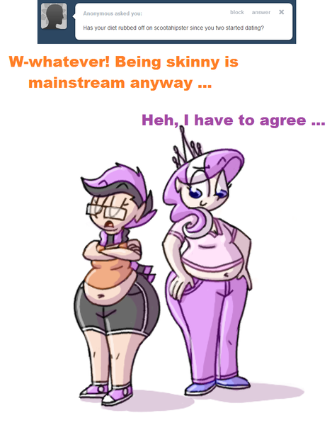 Size: 825x1055 | Tagged: artist:secretgoombaman12345, ask, ask chubby diamond, belly, belly button, derpibooru import, diamond tiara, fat, glasses, hipster, humanized, impossibly large butt, muffin top, safe, scootaloo, tumblr