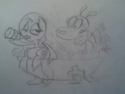 Size: 500x375 | Tagged: alcohol, artist:pan-pizza, bath, bathtub, booze, crossover, derpibooru import, fluttershy, rocko, rocko's modern life, safe, wat