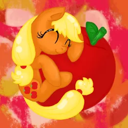 Size: 900x900 | Tagged: safe, artist:kyaokay, derpibooru import, applejack, earth pony, pony, apple, eyes closed, giant apple, happy, hatless, hug, missing accessory, sleeping, solo, that pony sure does love apples