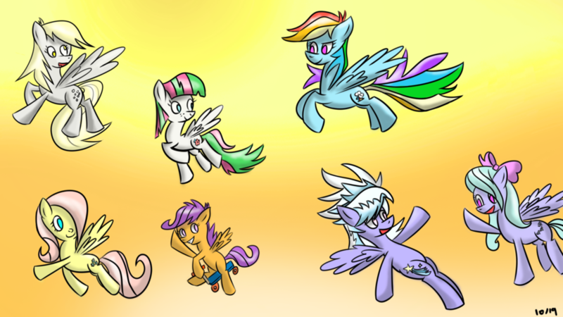 Size: 900x506 | Tagged: safe, artist:thexerostorm, derpibooru import, blossomforth, cloudchaser, derpy hooves, flitter, fluttershy, rainbow dash, pegasus, pony