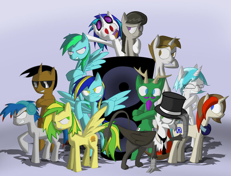 Size: 1280x973 | Tagged: safe, artist:omegadark3564, derpibooru import, octavia melody, vinyl scratch, oc, oc:general mumble, oc:jackleapp, oc:mic the microphone, oc:rico, oc:the living tombstone, oc:wooden toaster, deer, earth pony, gryphon, pegasus, pony, unicorn, alex s., dasdeer, griffonsona, ilysabeth, musician, omnipony, ponysona, simgretina, speaker