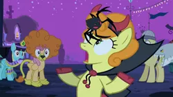 Size: 1280x720 | Tagged: safe, derpibooru import, screencap, carrot top, dizzy twister, golden harvest, goldengrape, orange swirl, sassaflash, sir colton vines iii, earth pony, pegasus, pony, spider, luna eclipsed, clothes, cloven hooves, costume, devil costume, female, mare, nightmare night, nightmare night costume