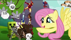 Size: 1046x591 | Tagged: safe, derpibooru import, fluttershy, gold slipper, pony, brushie, creeper, deadpool, forever alone, fsjal, image, iron man, jpeg, master chief, me gusta, meme, pyramid head, sol badguy, spider-man, the rock, trollface, waldo, wally, where's waldo