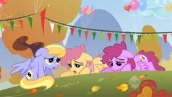 Size: 640x360 | Tagged: safe, derpibooru import, screencap, cloud kicker, dizzy twister, juicy fruit, orange swirl, pegasus, pony, fall weather friends, background pony, balloon, female, mare, not berry punch, tired, trio