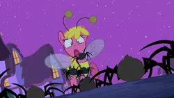 Size: 1280x720 | Tagged: safe, derpibooru import, screencap, cherry berry, earth pony, pony, spider, luna eclipsed, animal costume, bee costume, clothes, costume, female, mare, night, nightmare night, nightmare night costume, swarm