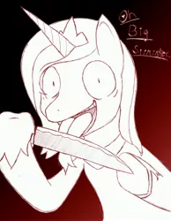 Size: 3500x4508 | Tagged: safe, artist:ficklemetal, derpibooru import, princess luna, blade lick, creepy, knife, licking, lunatic, monochrome, solo, tongue out