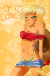 Size: 900x1350 | Tagged: applejack, artist:justicebustedus, blushing, breasts, busty applejack, clothes, derpibooru import, freckles, humanized, microskirt, midriff, miniskirt, orange skin, panties, pony coloring, scrunchie, skirt, suggestive, thong, underwear, upskirt