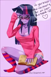 Size: 900x1350 | Tagged: anthro, artist:justicebustedus, book, breasts, clothes, derpibooru import, female, glasses, human facial structure, panties, socks, solo, solo female, striped socks, suggestive, twilight sparkle, underwear