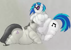 Size: 1280x907 | Tagged: artist:arkveveen, artist:bigmint, derpibooru import, double chin, fat, fatavia, morbidly obese, obese, octavia melody, rolls of fat, snuggling, squishy, suggestive, vinyl fat, vinyl scratch