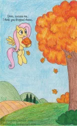 Size: 737x1200 | Tagged: artist:finnishfox, autumn, derpibooru import, fluttershy, fluttertree, leaves, safe, tree