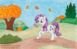 Size: 1200x767 | Tagged: safe, artist:finnishfox, derpibooru import, rarity, autumn, leaves, solo, traditional art