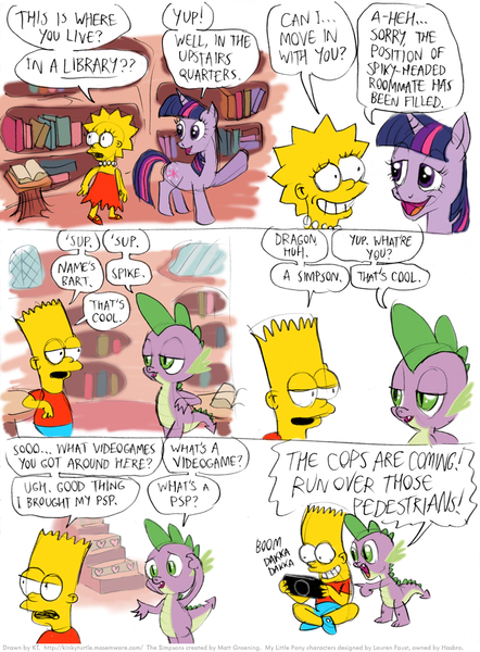 Size: 811x1102 | Tagged: artist:kturtle, bart simpson, comic, crossover, derpibooru import, eye contact, grin, library, lidded eyes, lisa simpson, looking at each other, open mouth, playstation portable, pointing, psp, safe, sitting, smiling, spike, the simpsons, twilight sparkle, waving