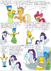 Size: 804x1108 | Tagged: safe, artist:kturtle, derpibooru import, apple bloom, applejack, rarity, pony, unicorn, blushing, butt, clothes, comic, crossover, d'oh, dialogue, dress, female, filly, homer simpson, maggie simpson, male, mare, marge simpson, nothing at all, plot, stupid sexy rarity, the simpsons, we don't normally wear clothes