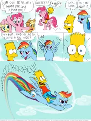 Size: 806x1080 | Tagged: applejack, artist:kturtle, bart simpson, comic, crossover, derpibooru import, fluttershy, flying, lisa simpson, pinkie pie, rainbow dash, riding, safe, the simpsons