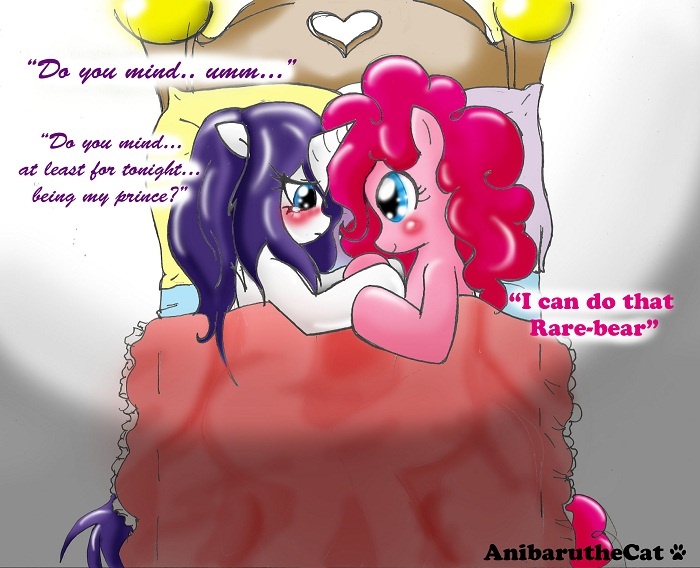 Size: 700x568 | Tagged: artist:anibaruthecat, bed, blushing, cute, derpibooru import, eye contact, female, frown, holding hooves, innuendo, lesbian, messy mane, pinkie pie, rare-bear, raribear, raripie, rarity, roleplaying, shipping, side, smiling, suggestive