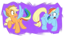 Size: 900x521 | Tagged: dead source, safe, artist:lawlzy, derpibooru import, applejack, rainbow dash, pegasus, pony, fanfic, fanfic:those blue wings, body part swap, duo, earth pony rainbow dash, female, flapplejack, mare, purple background, race swap, shocked, simple background, swap, tail swap, wing swap