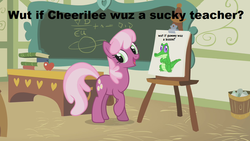 Size: 1063x598 | Tagged: cheerilee, cheerilee's clipboard meme, crossing the memes, derpibooru import, exploitable meme, gummy, meme, memeception, ponyville schoolhouse, safe, wut if gummy wuz a meme